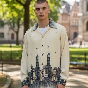 Men’s Cream Button-Up Shirt Architectural Cityscape Print Long Sleeve S
